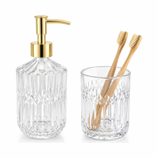 Glass bathroom accessories set: cut glass soap dispenser with gold pump and matching toothbrush holder, two pieces only