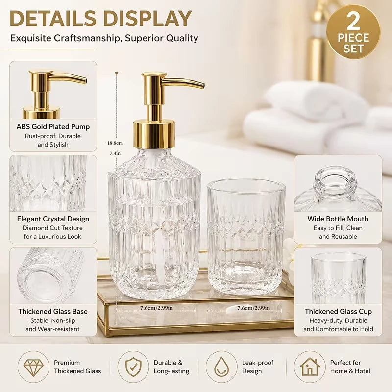 Detail view: gold plated ABS pump, diamond cut thickened glass, wide bottle mouth and non-slip base. Tray shown is not included