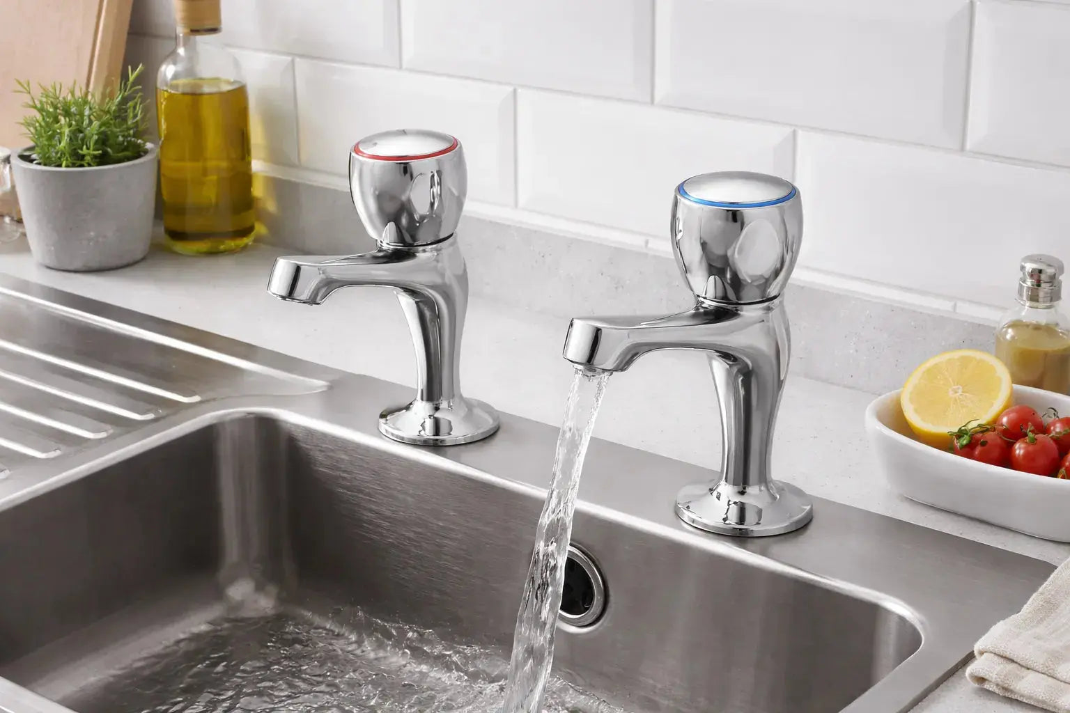 Deva Profile Chrome high neck pillar sink taps installed on kitchen sink at IrishBath