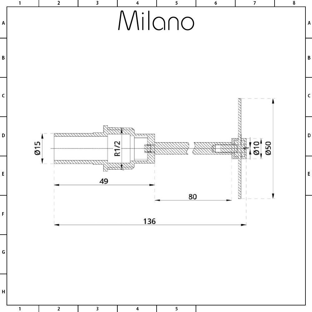 Technical diagram of Milano 15mm flow diverter showing 136 × 50 × 20.5 mm dimensions