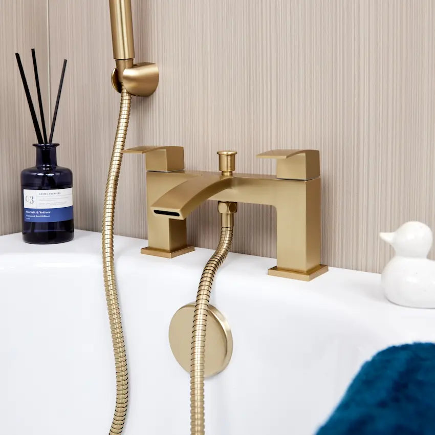 Dual control brushed brass square bath mixer tap close up by Ellsi (etal)