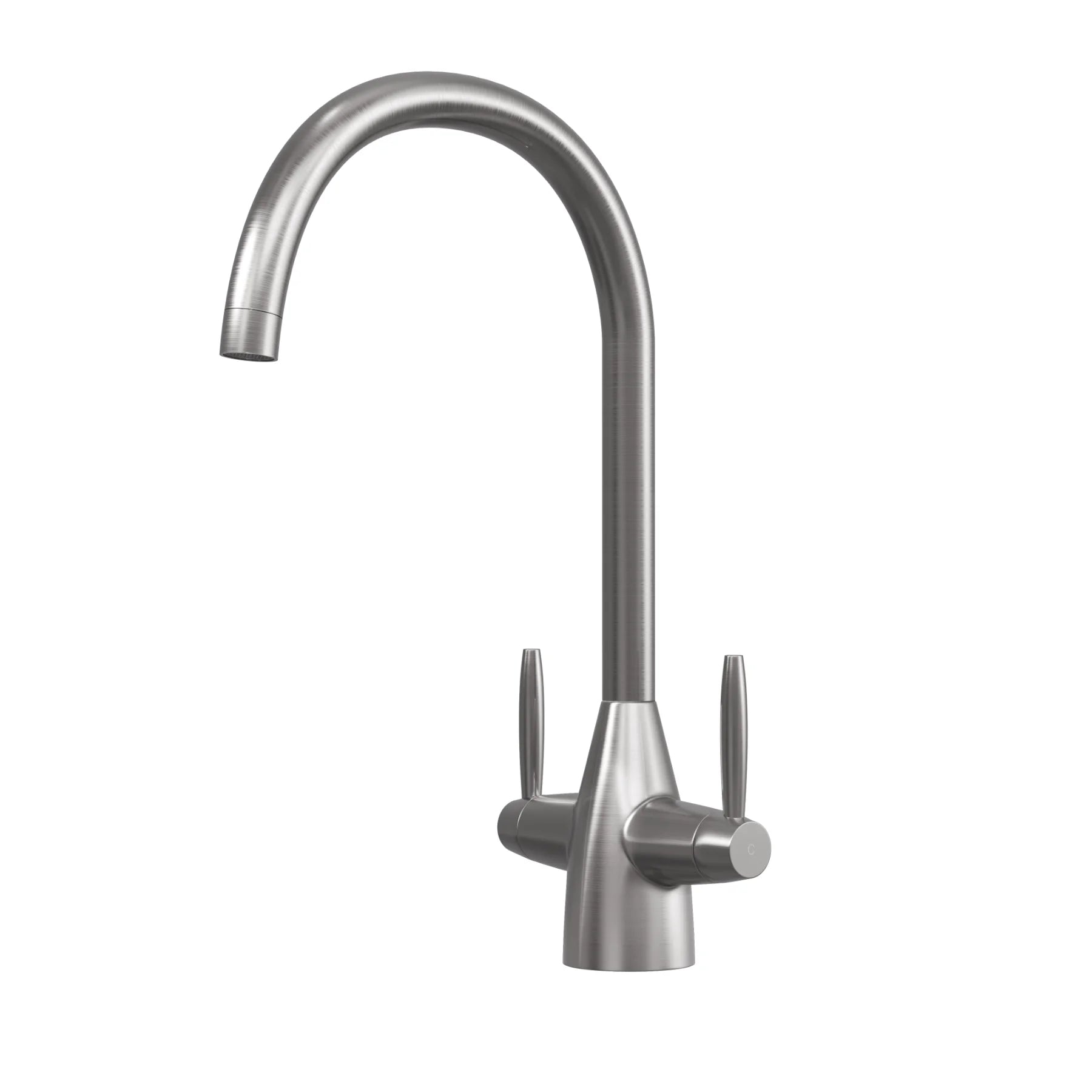 Pewter Astrid dual lever kitchen tap on a plain white background, showing the brushed grey finish and rounded swan neck spout