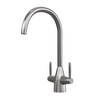 Pewter Astrid dual lever kitchen tap on a plain white background, showing the brushed grey finish and rounded swan neck spout