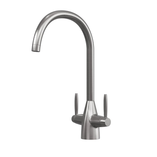 Pewter Astrid dual lever kitchen tap on a plain white background, showing the brushed grey finish and rounded swan neck spout