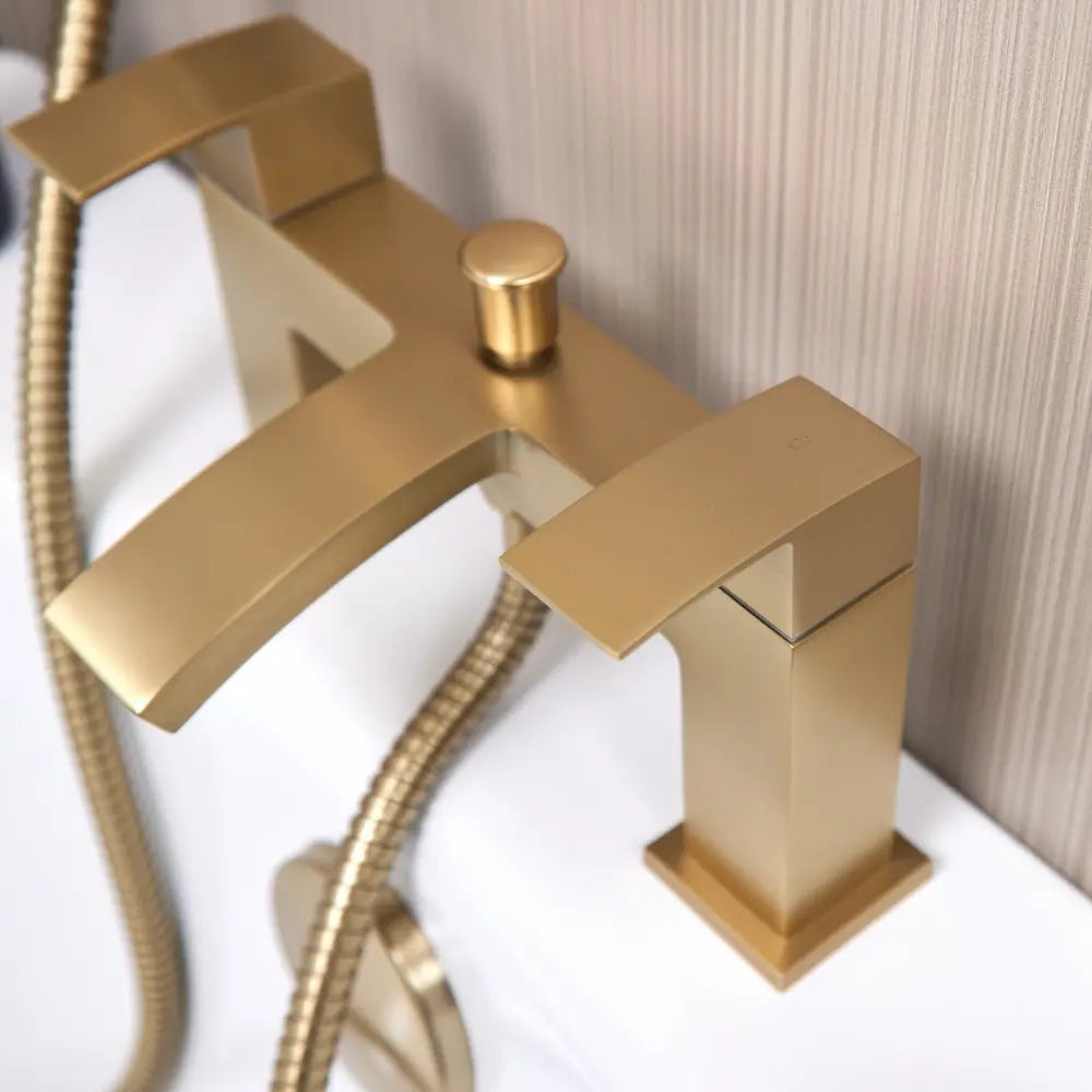 Kinlin Ellsi (etal) brushed brass square bath shower mixer handles view from aboce