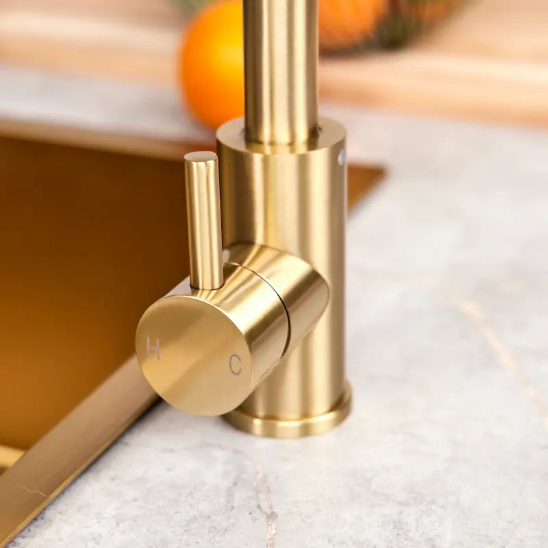 Ellsi Tivoli brushed brass kitchen tap single lever handle detail