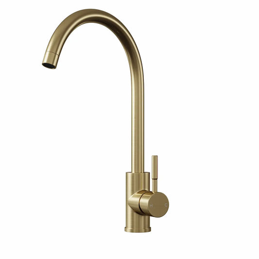 Ellsi Tivoli brushed brass swan neck kitchen mixer tap on white background