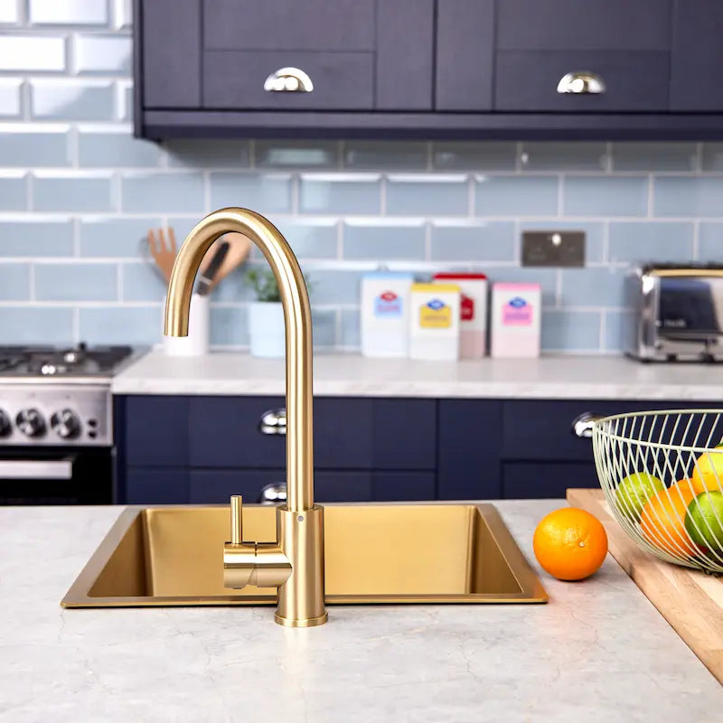 Ellsi Tivoli brushed brass kitchen mixer tap with swan neck swivel spout