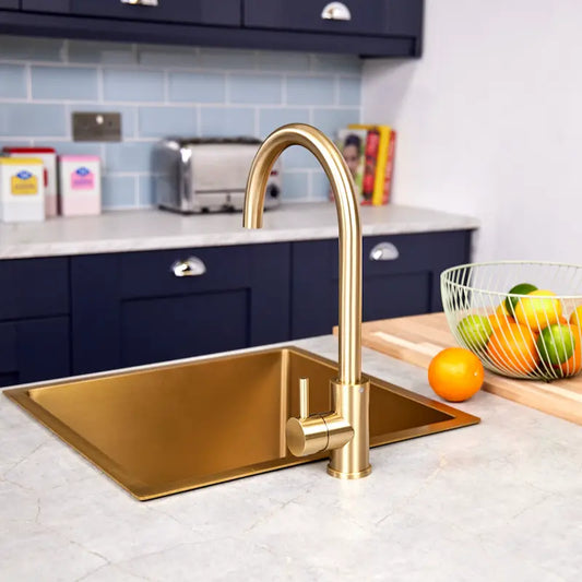Ellsi Tivoli brushed brass swan neck kitchen mixer tap profile view