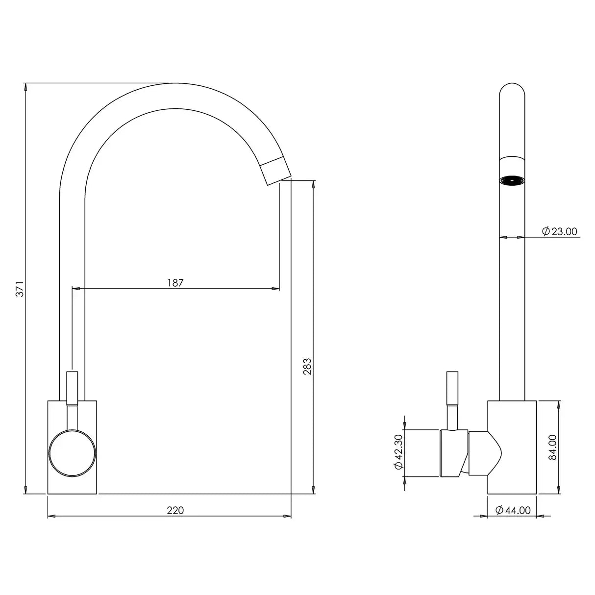 Ellsi Tivoli brushed steel kitchen mixer tap dimensions diagram - 380mm height, 225mm width, 50mm depth