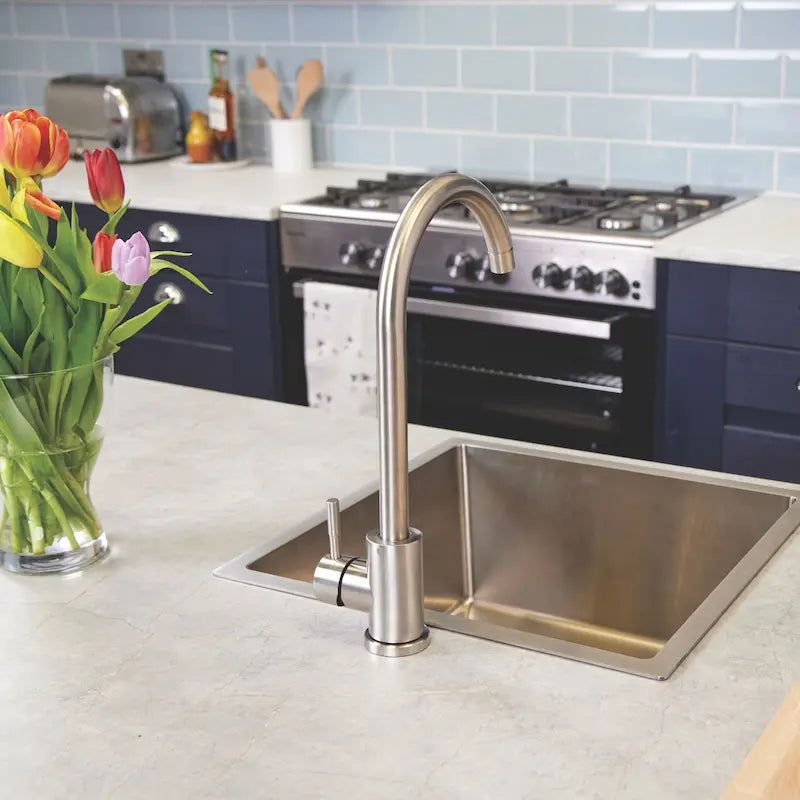 Ellsi Tivoli brushed steel kitchen tap deck mounted base detail