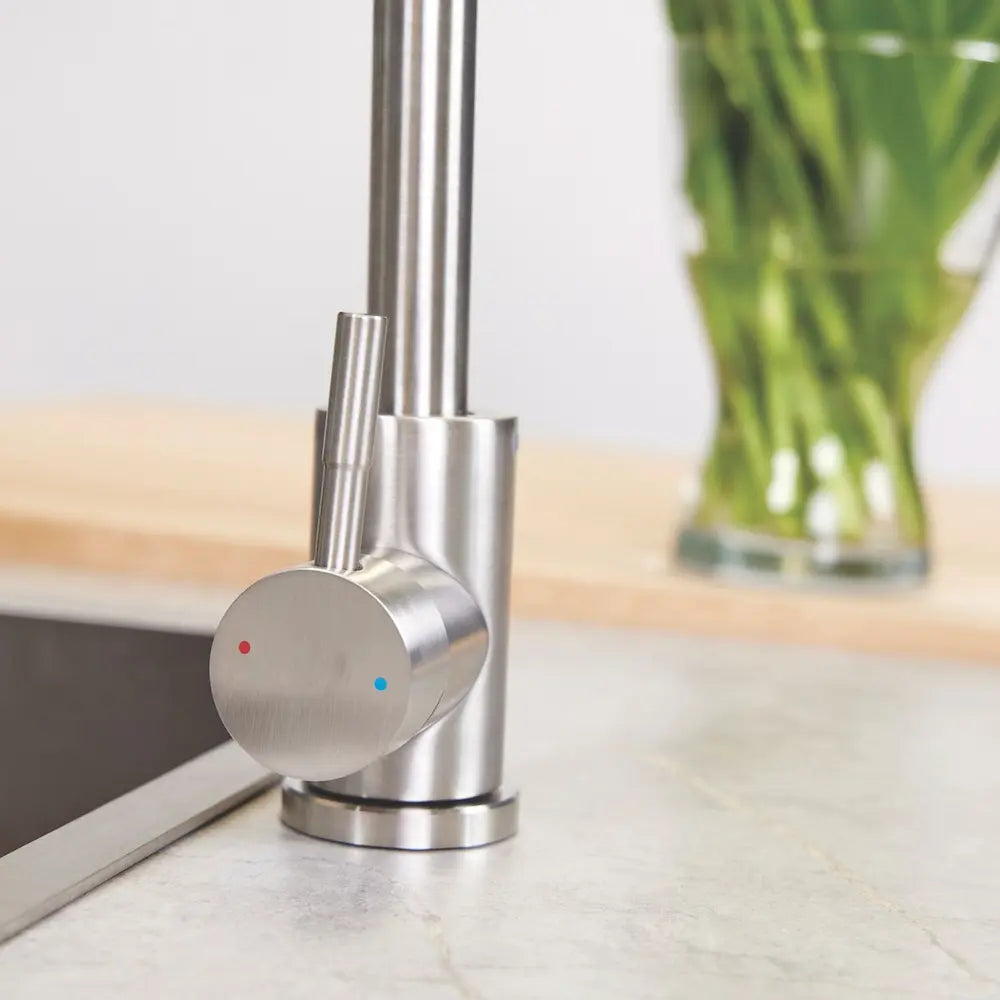 Ellsi (Etal) Tivoli brushed steel kitchen tap single lever handle detail
