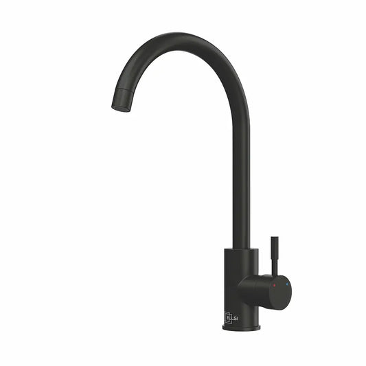 Ellsi Tivoli matt black single lever kitchen mixer tap with swan neck swivel spout