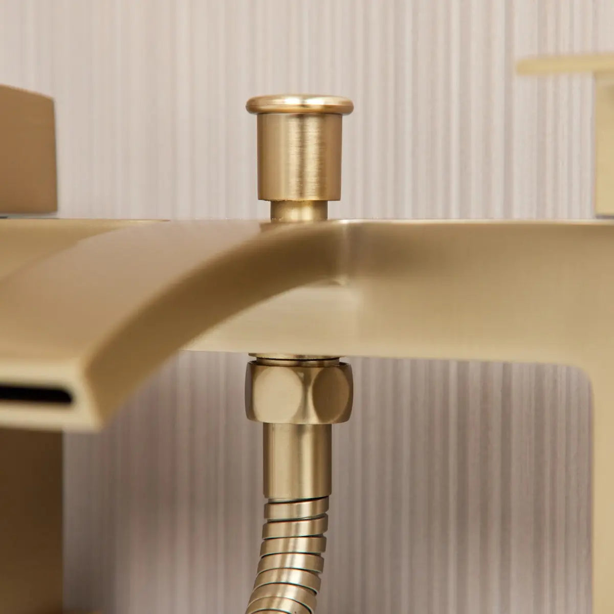 Luxury bathroom with brushed brass square Ellsi (Etal) bath shower mixer tap colour close up