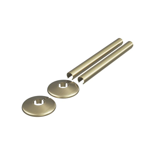 Brushed brass gold radiator pipe covers and two collars for 15mm pipe on a white background