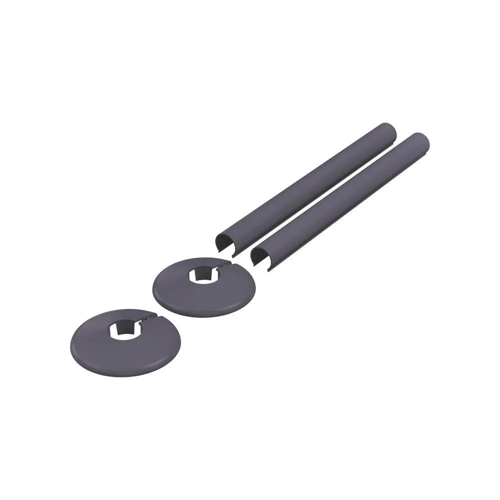 Anthracite grey radiator pipe covers and two collars for 15mm pipe on a white background