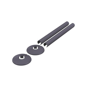 Anthracite grey radiator pipe covers and two collars for 15mm pipe on a white background