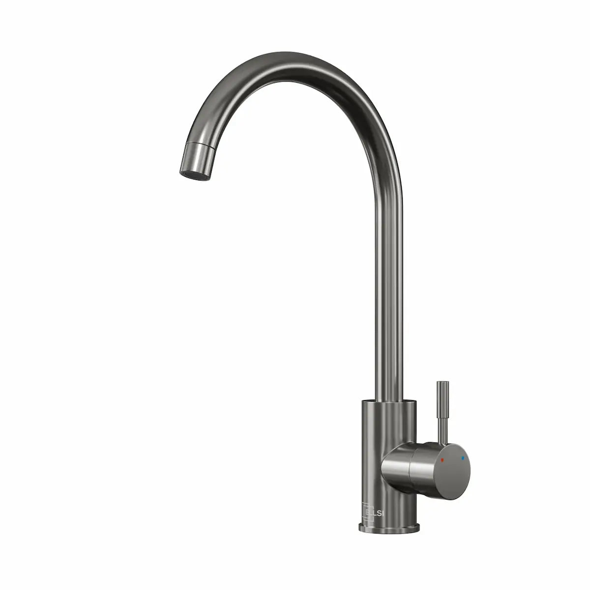 Tivoli gunmetal kitchen tap with a slim swan neck spout and single side lever, on a white background
