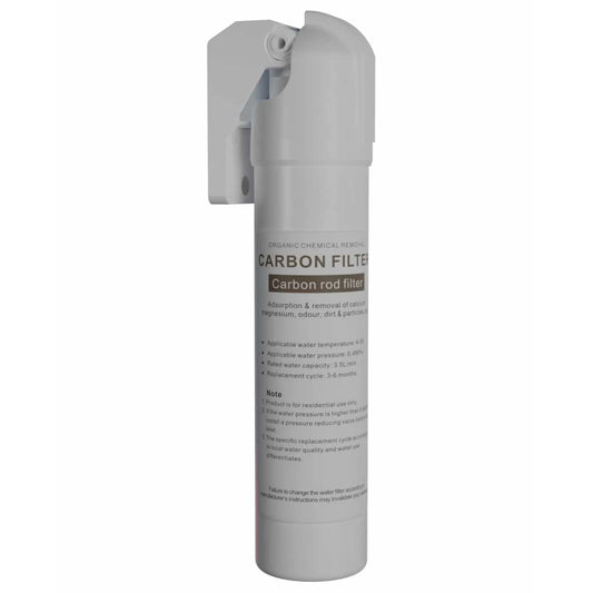 The inline carbon water filter assembled on its wall bracket, showing the quarter-turn head and the cartridge label reading Carbon Rod Filter