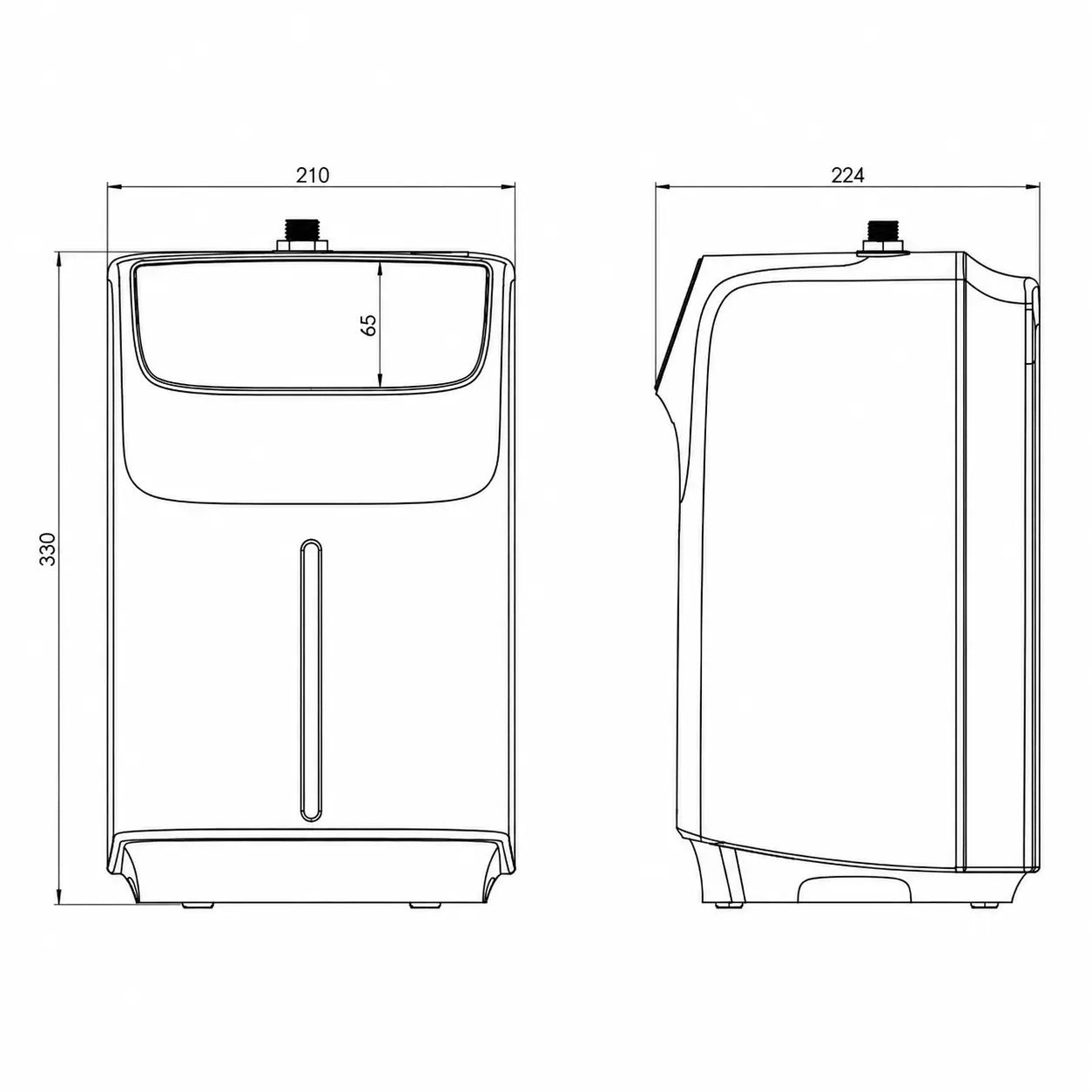 Dimensions diagram for the 2.4 litre hot water tank showing 330 mm height, 210 mm width and 224 mm depth