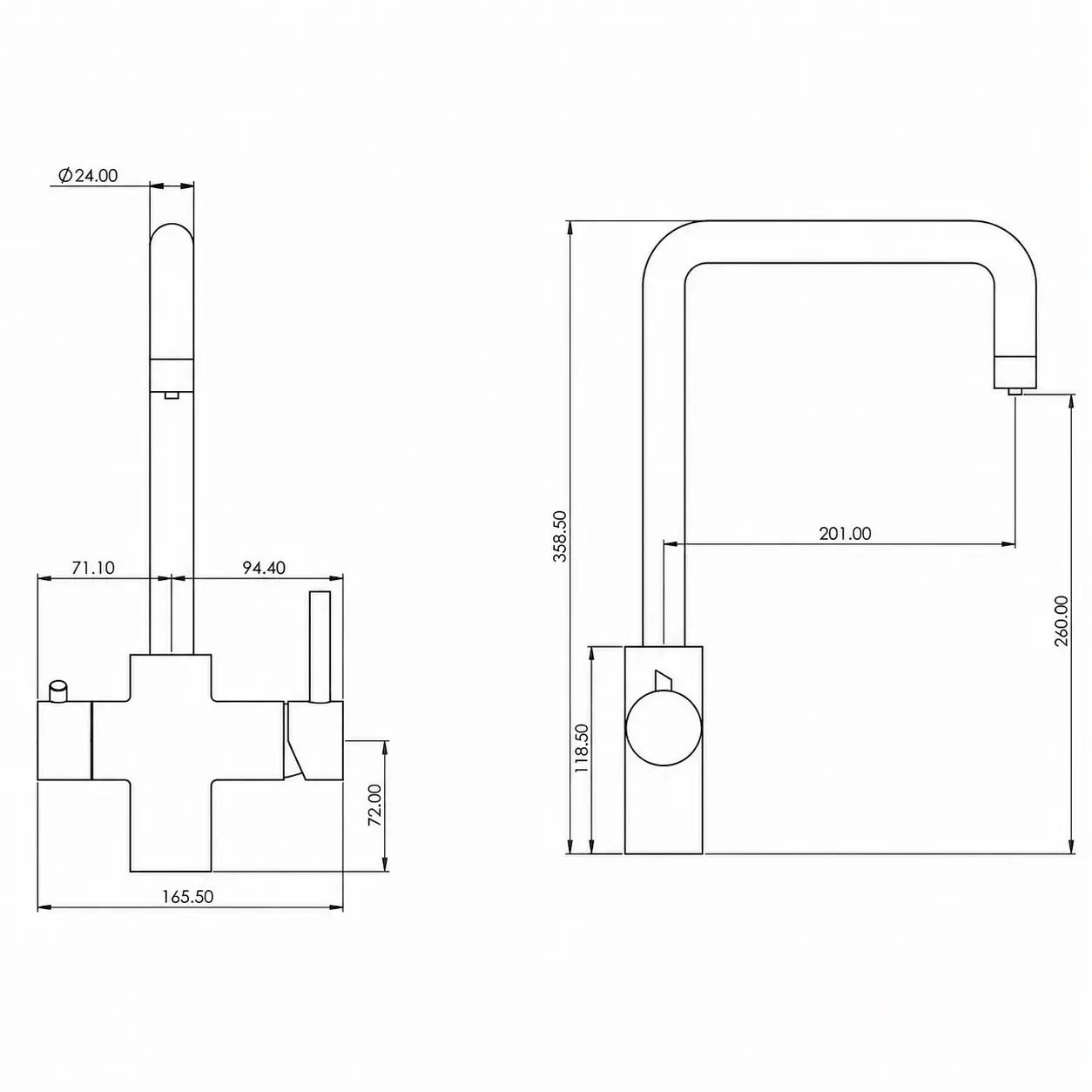 Dimensions diagram for the boiling water tap showing 358.5 mm height, 260 mm to the spout outlet and 201 mm reach