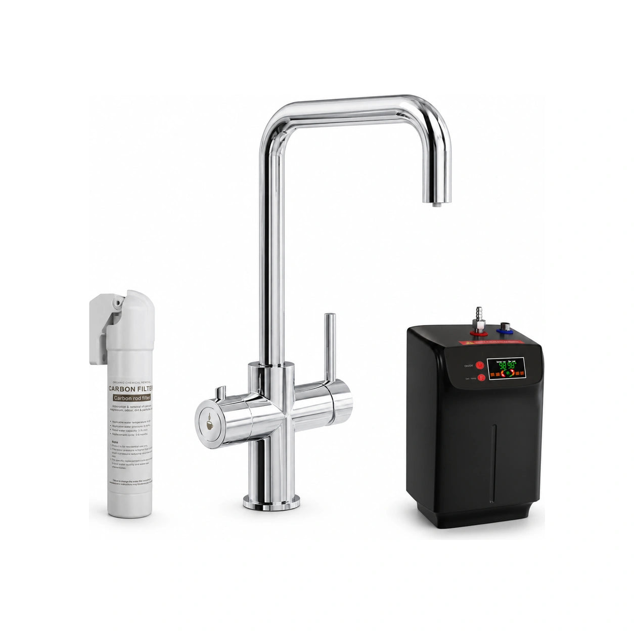 The complete 3 in 1 instant boiling water tap kit on a white background: carbon filter, chrome tap and black 2.4 litre tank