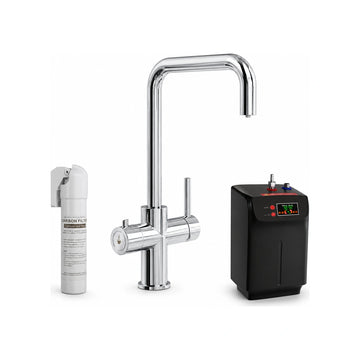 The complete 3 in 1 instant boiling water tap kit on a white background: carbon filter, chrome tap and black 2.4 litre tank