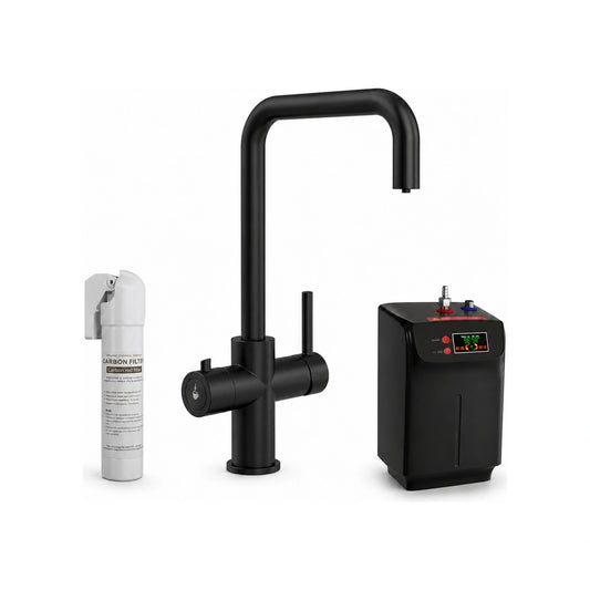 The complete matt black 3 in 1 instant hot water tap kit on a white background: carbon filter, matt black boiling water tap and 2.4 litre black tank