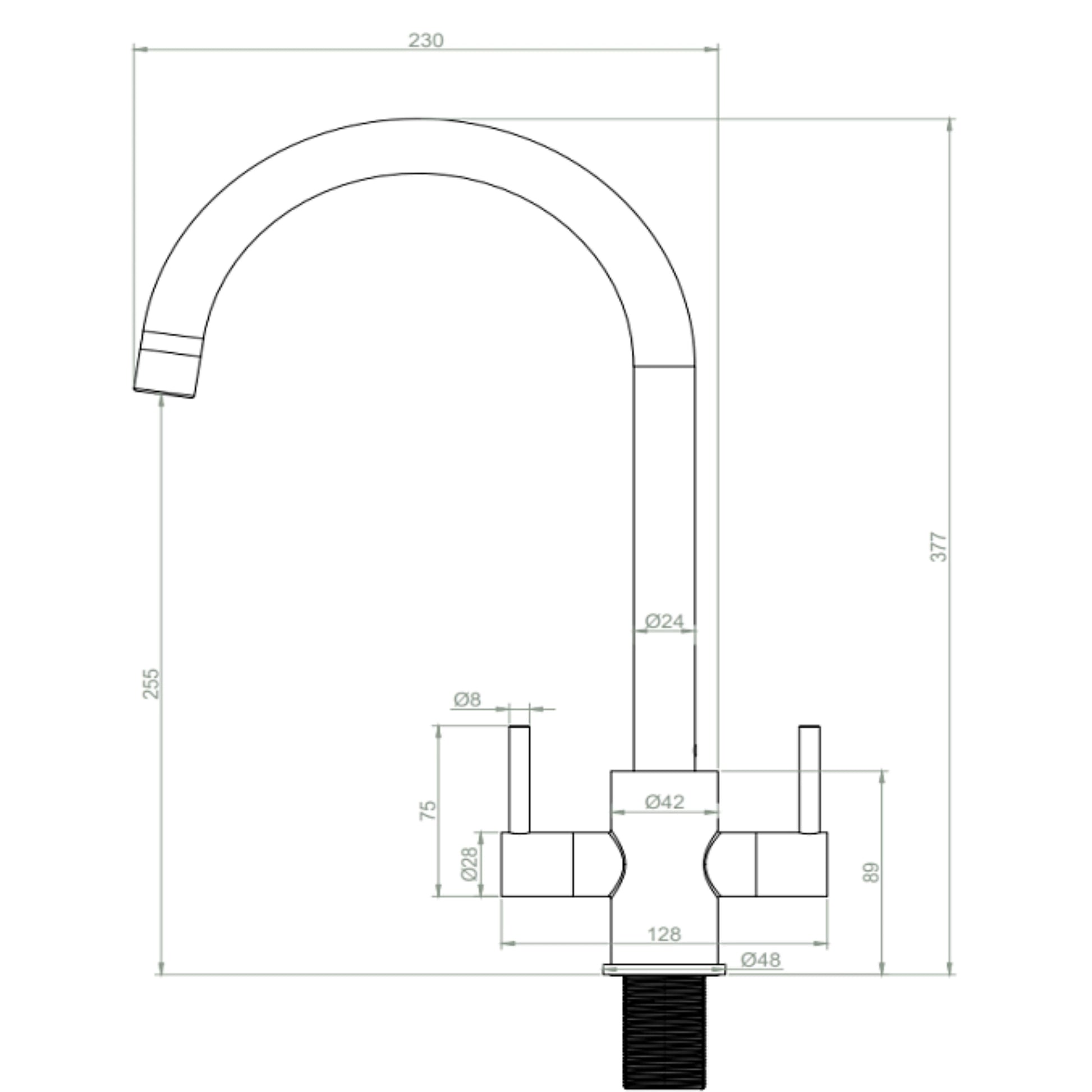 Dimensions diagram for the ELLSI Adria dual lever kitchen tap: 377 mm total height, 230 mm spout reach, 255 mm to the outlet and 128 mm between levers