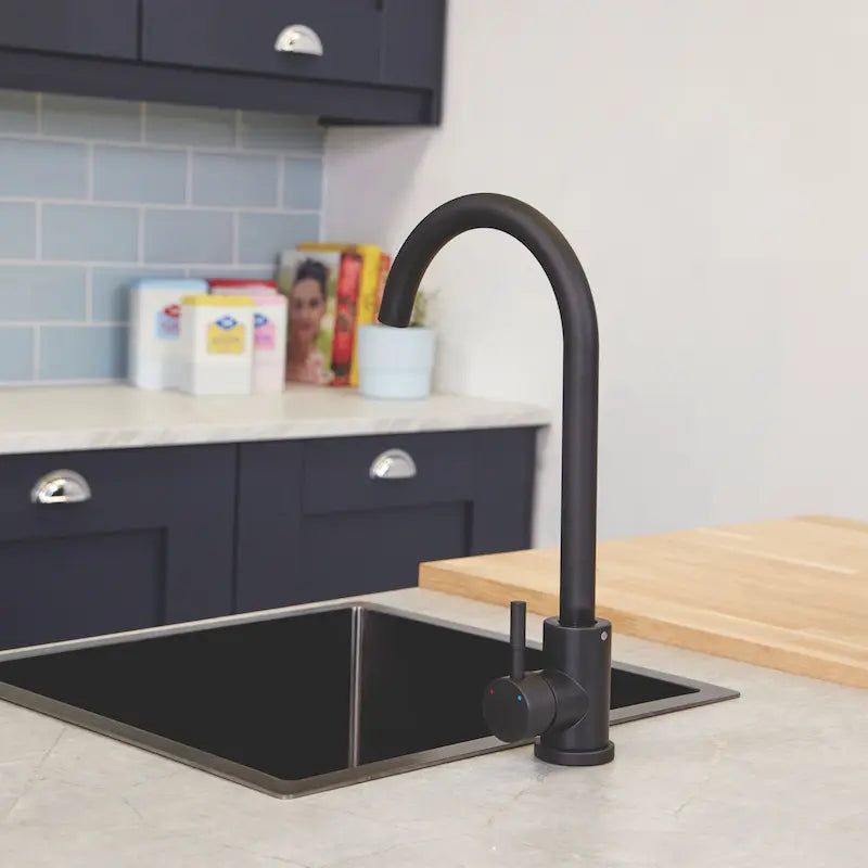 Matt black Tivoli kitchen mixer tap side profile showing swan neck spout height