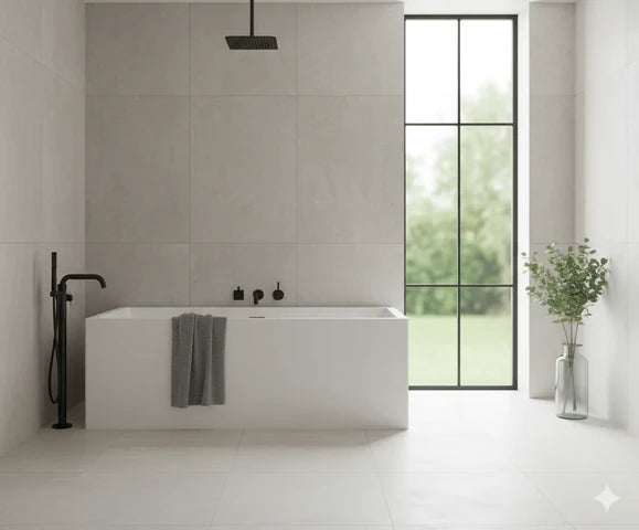 Modern and minimalistic bathroom with black fittings, big windo and white tub at IrishBath.ie shop