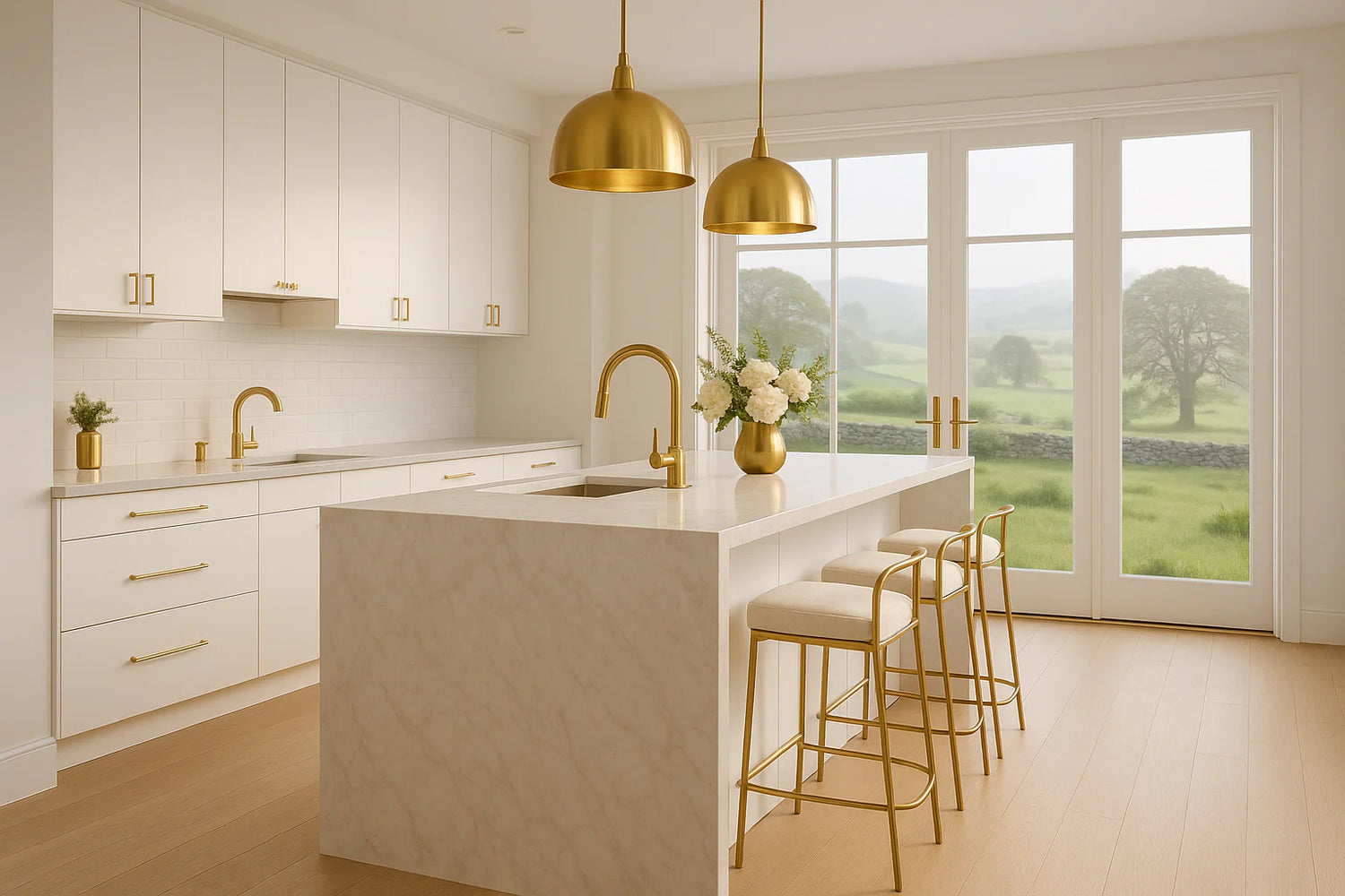 Modern kitchen with white cabinets, gold fixtures, and a view of Irish greenery at IrishBath shop.