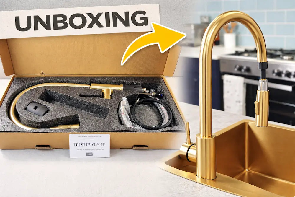 Unboxing review of Cato Pull-Out Kitchen Mixer Tap with Spray Hose – Brushed Brass by IrishBath Team.