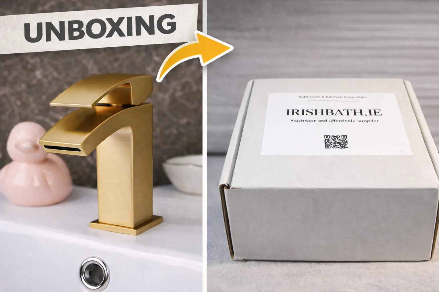 Unboxing review of (PDT-000366) brushed brass waterfall mono basin mixer tap - Kinlin by Ellsi (etal) at IrishBath 