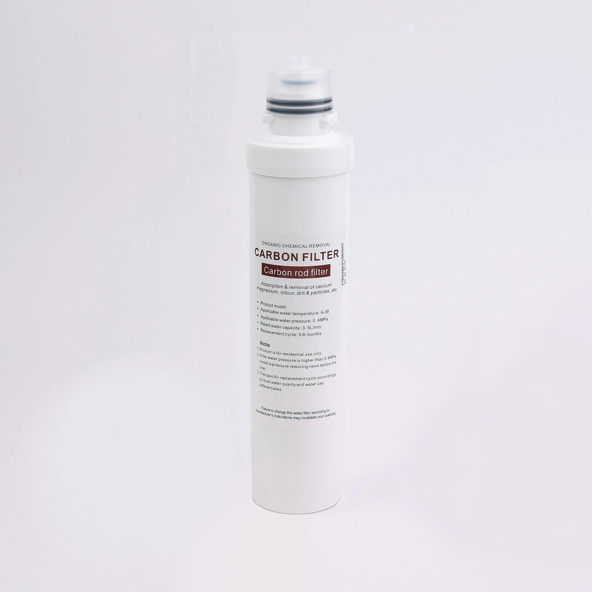 Carbon rod water filter cartridge on a grey background, its label listing 4-38°C water, 0.4 MPa pressure, 3.5 L/min flow and a 3-6 month replacement cycle
