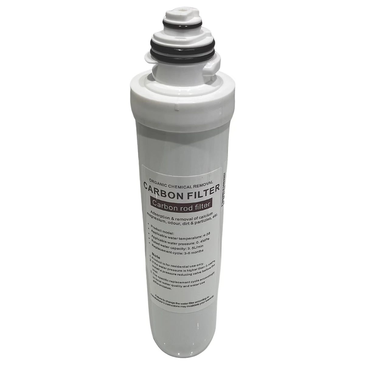 Replacement carbon water filter cartridge for boiling taps standing upright on a white background, showing the Carbon Rod Filter label and screw-fit top