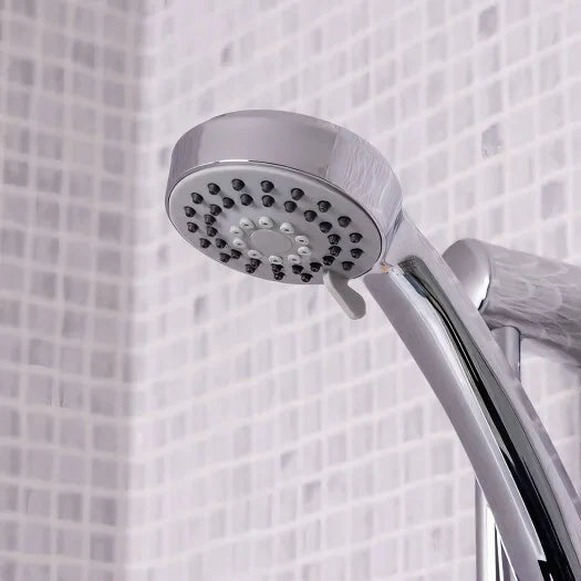 Chrome shower head showing 3 spray functions