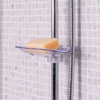 Clear soap holder with a bar of soap in Chrome