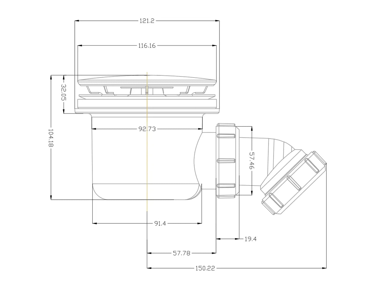 Dimensions diagram for the Kartell 90mm fast flow shower trap: 121.2 mm flange, 116.16 mm cover, 92.73 mm body, 104.18 mm depth and 150.22 mm from the waste centre to the outlet end
