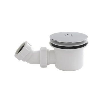 Kartell 90mm fast flow shower tray waste with a polished chrome cover on a white trap body with an angled side outlet