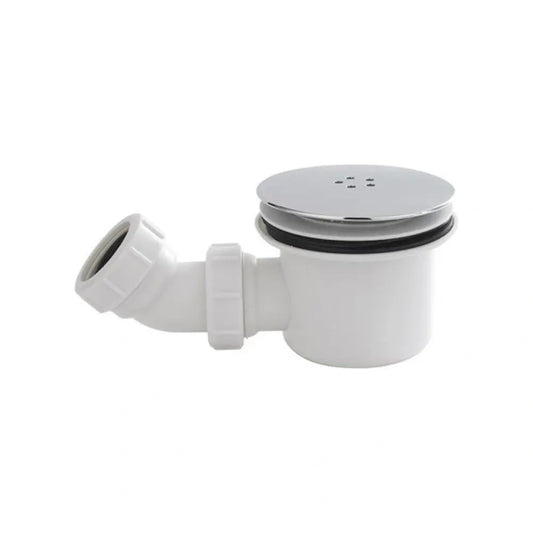 Kartell 90mm fast flow shower tray waste with a polished chrome cover on a white trap body with an angled side outlet