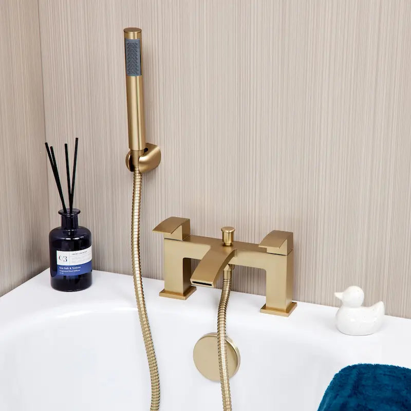 Square brushed brass bath shower mixer tap installed on bath by Ellsi (etal) at IrishBath