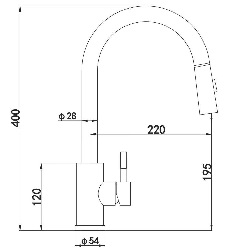 Dimensions diagram for the Cato pull-out kitchen tap: 400 mm overall height, 220 mm spout reach, 195 mm to the spout outlet and a 54 mm base.
