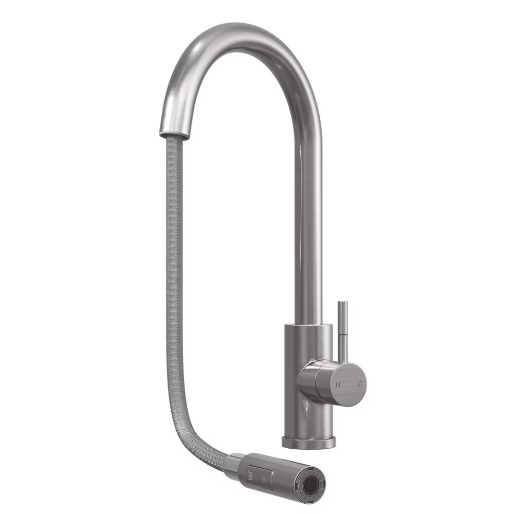 ELLSI Cato brushed steel kitchen tap on a plain white background, with the pull-out spray head lowered on its braided hose.