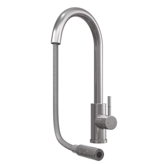 ELLSI Cato brushed steel kitchen tap on a plain white background, with the pull-out spray head lowered on its braided hose.