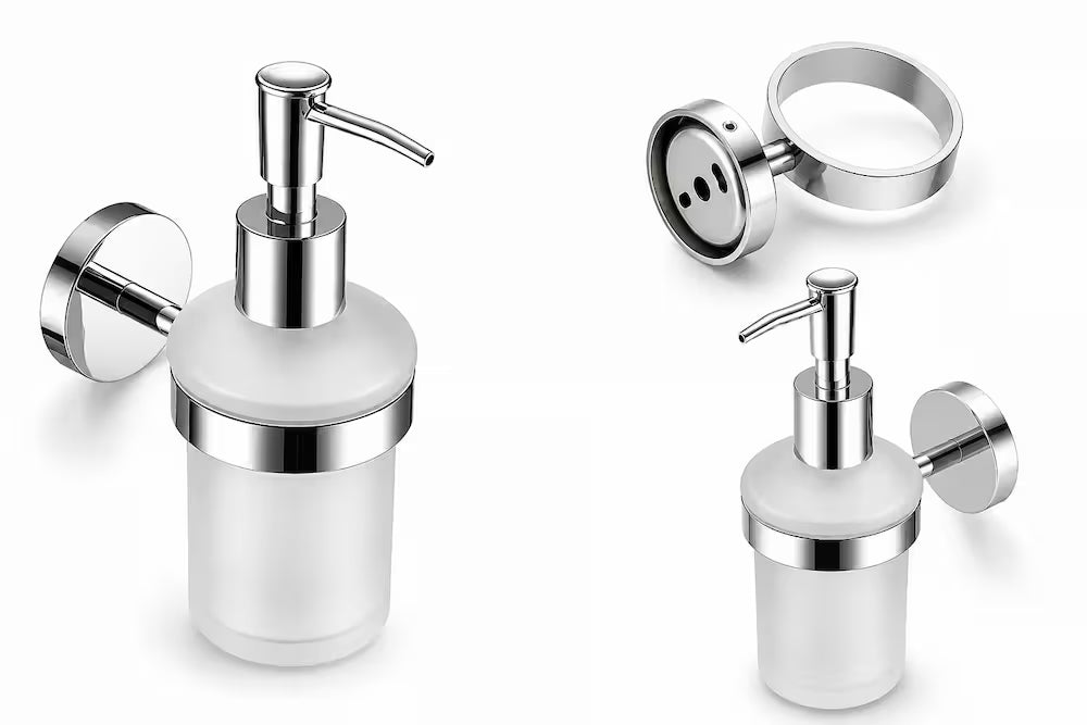 Two views of the wall mounted soap dispenser: assembled in its bracket, and with the ring bracket separated from the round wall plate.