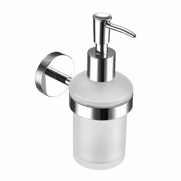 Wall mounted soap dispenser with a frosted glass bottle and silver pump, shown seated in its ring bracket against a plain white background.