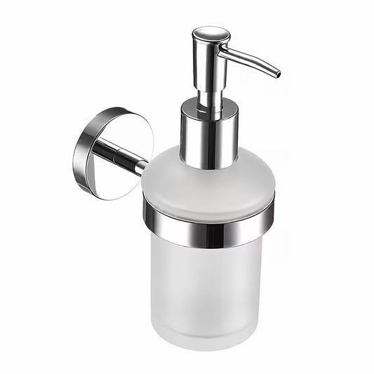 Wall mounted soap dispenser with a frosted glass bottle and silver pump, shown seated in its ring bracket against a plain white background.