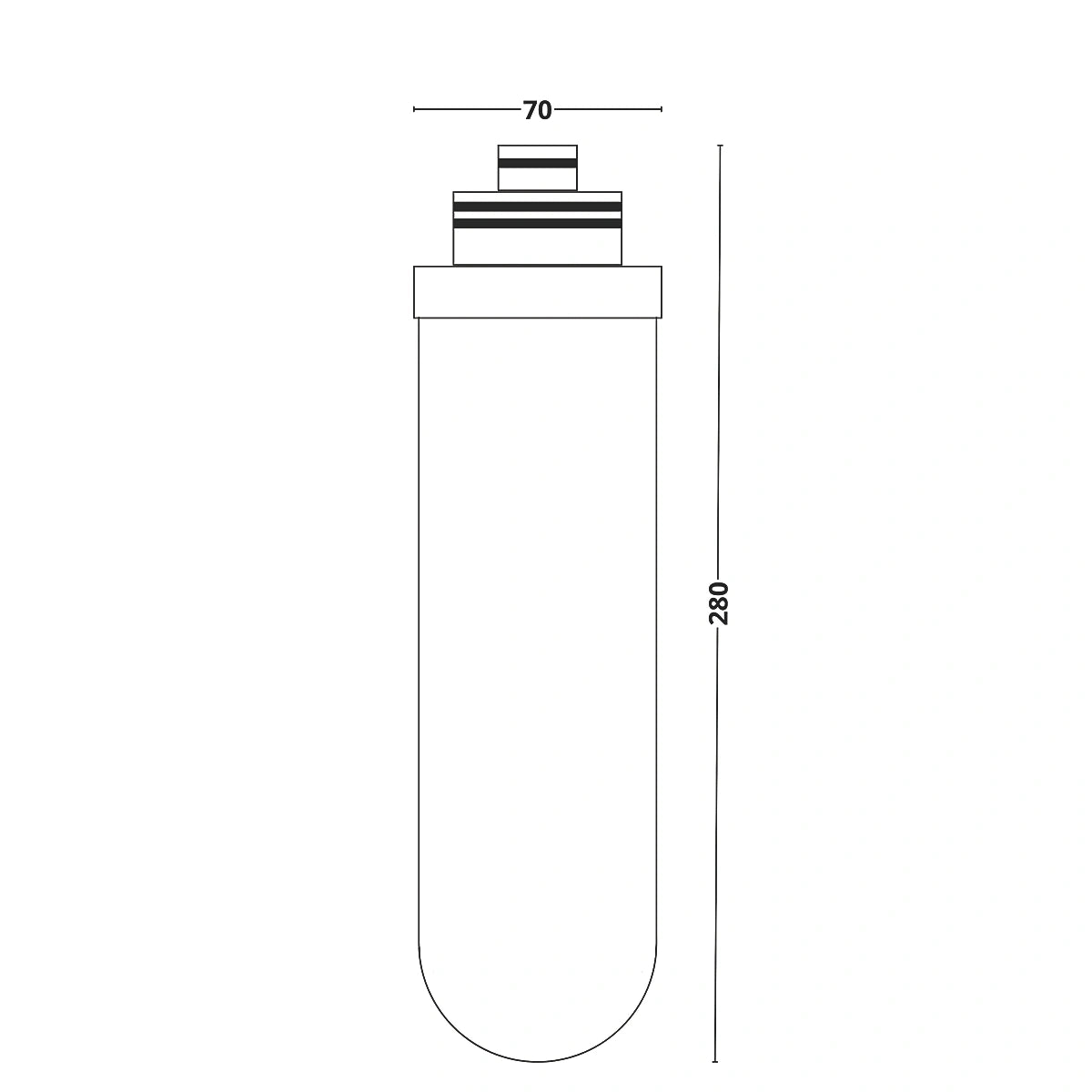 Dimensions drawing of the replacement water filter cartridge: 280 mm tall and 70 mm wide