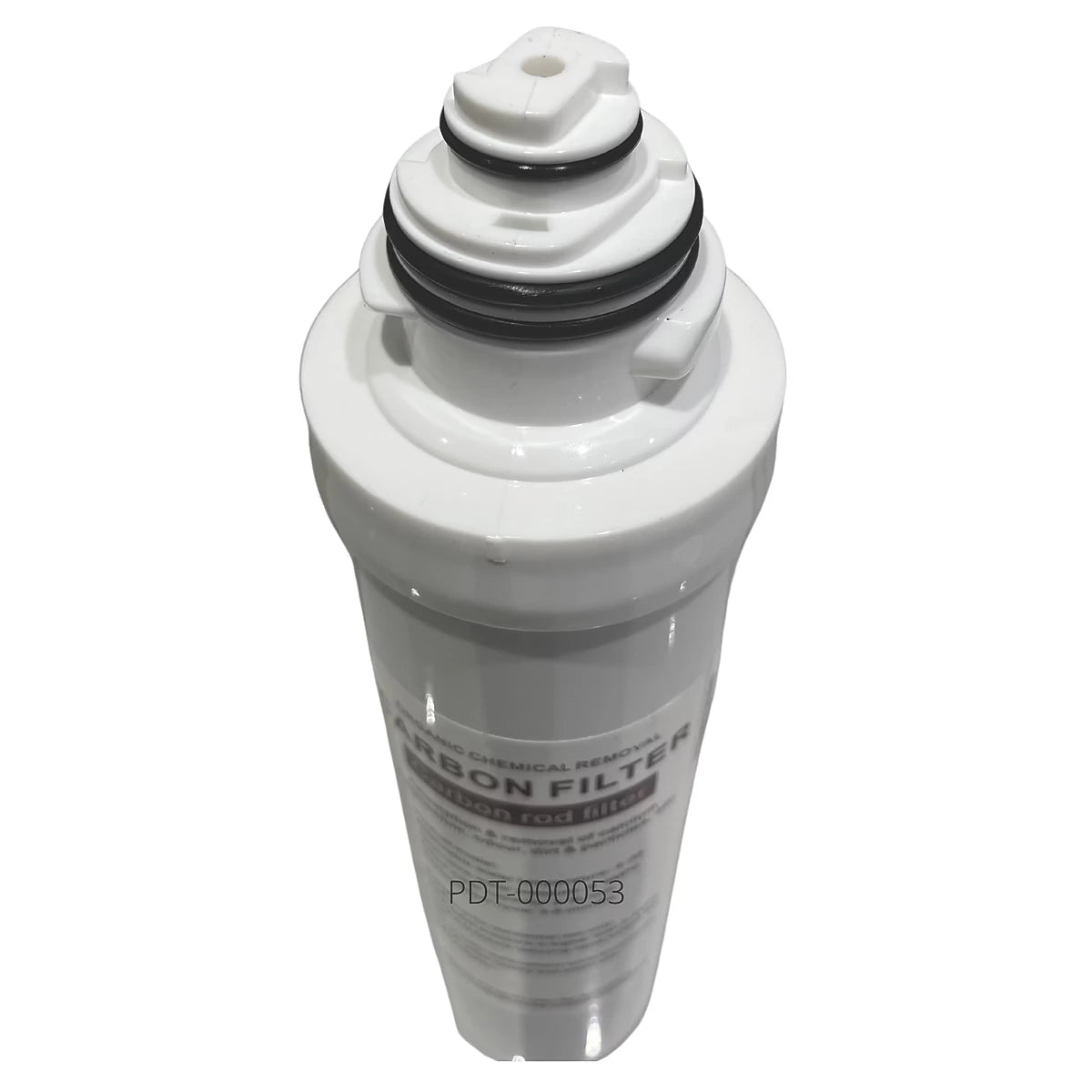 Close-up of the water filter cartridge's screw-fit neck with two black O-rings, marked PDT-000053, the top to compare with your current filter